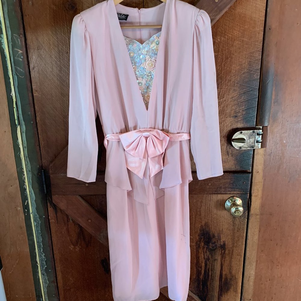 Fab Vintage Pink Sequin Bow Dynasty Midi Dress